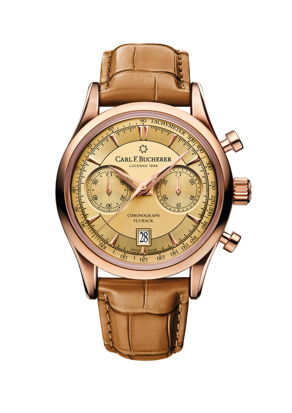 Carl F. Bucherer Manero Flyback 18K Rose Gold 43mm Gold Dial - The Luxury Well