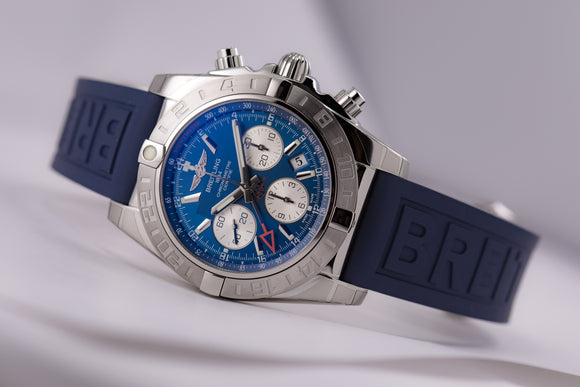 Breitling Chronomat 44 GMT Blue Dial on blue Diver Pro III - The Luxury Well