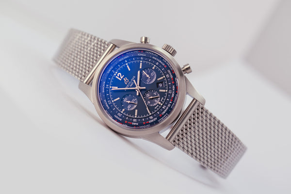 Breitling Transocean Unitime Pilot Worldtimer Chronograph Blue Dial - The Luxury Well