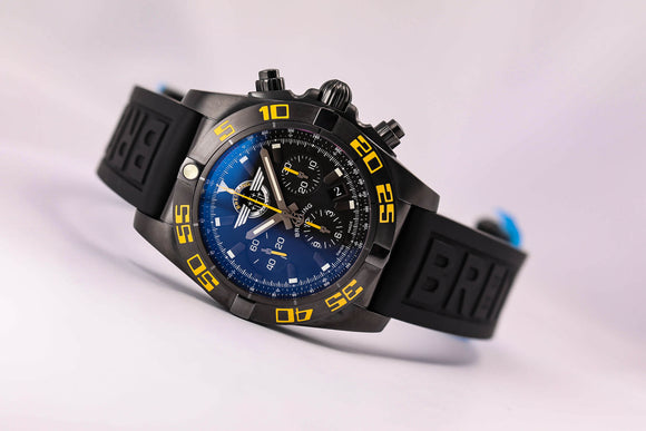 Breitling Chronomat 44 Black Jet Team Limited Edition, Ref.  MB01109P/BD48 Rubber Pro III Strap and Black Micro Adjustment Folding Buckle - The Luxury Well