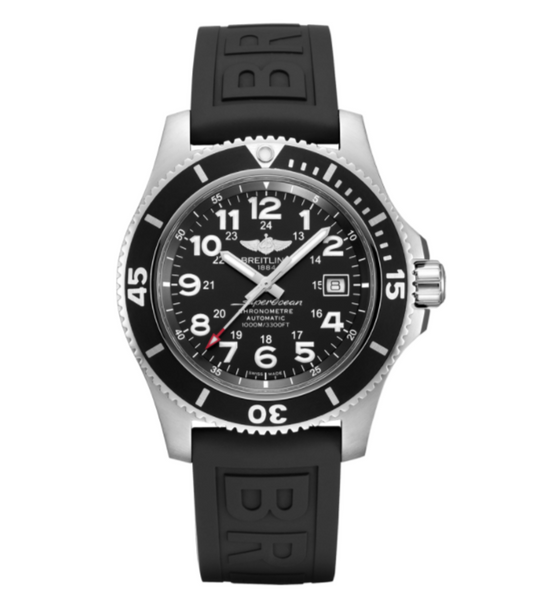 Breitling Superocean II 44 Black Steel Dial with Black Diver Pro 3 Strap with Tang Buckle