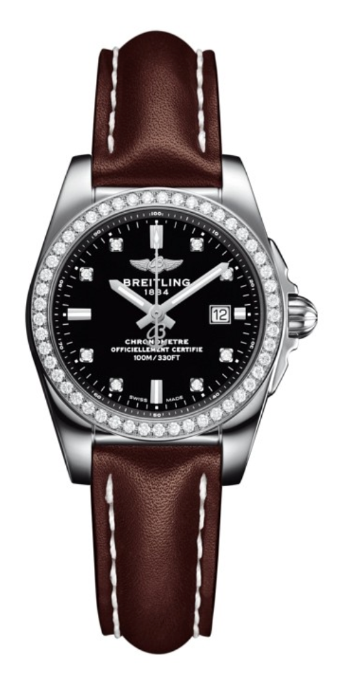 Breitling Galactic Steel Black Diamond Brown Leather Strap 29mm Dial - The Luxury Well