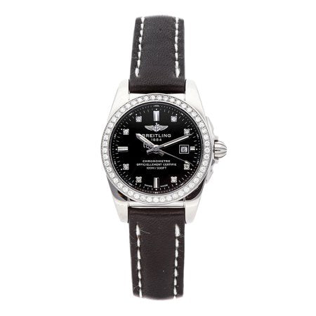 Breitling Galactic Steel Black Diamond 29mm Black Leather Strap Dial - The Luxury Well
