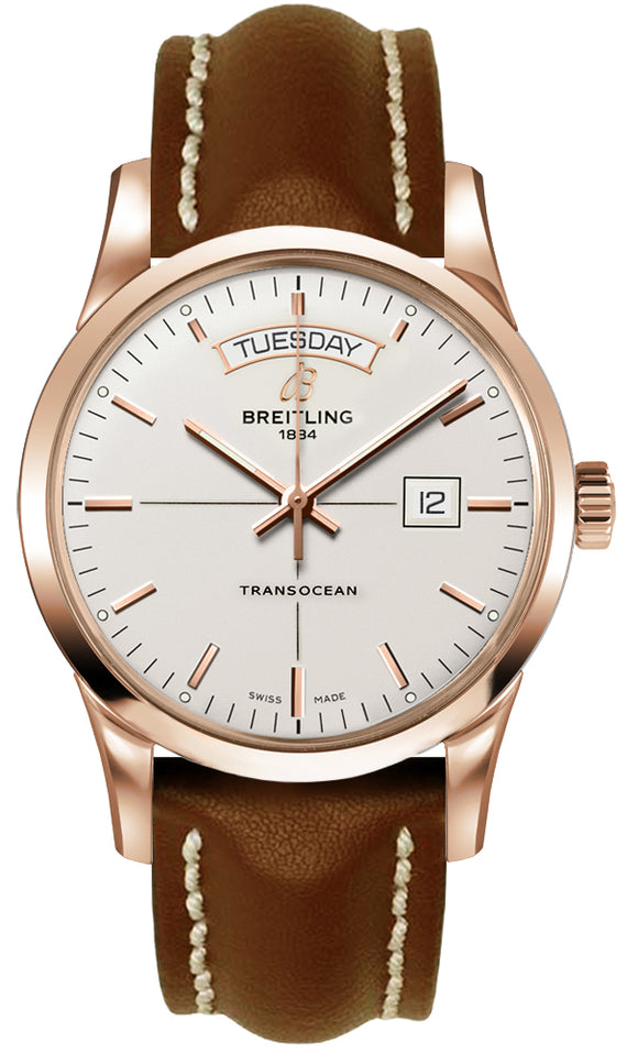 Breitling Transocean Day & Date 18k Red gold - Silver 43mm Dial - The Luxury Well